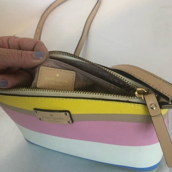 Kate Spade White, Pink, Yellow & Blue Stripped Leather Crossbody  Purse - Picture 6 of 16